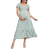 KOJOOIN Maternity Dress Summer Ruffle Short Sleeve Square Neck Smocked Midi Dress Baby Shower Photoshoot