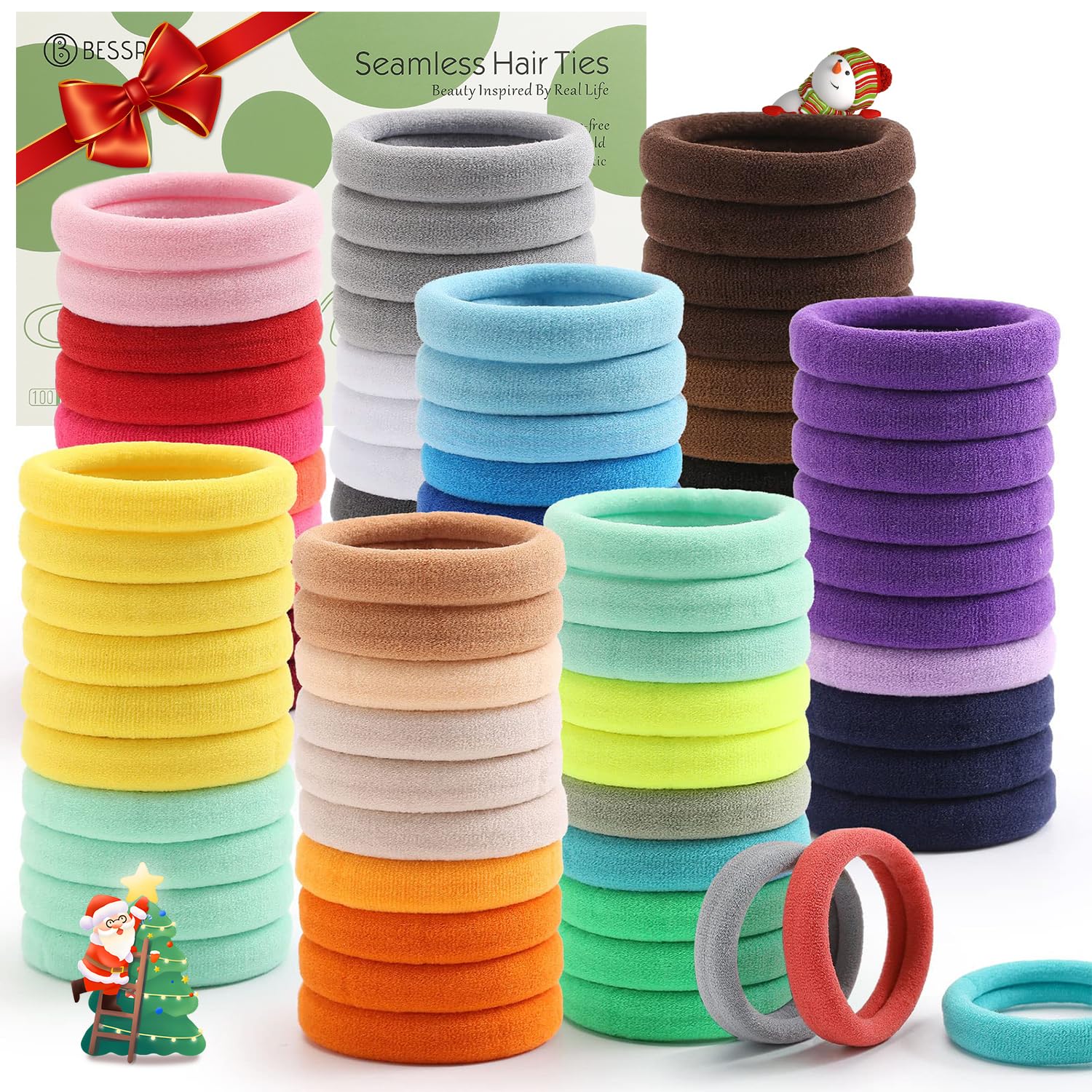 Photo 1 of 100PCS Elastic Hair Ties, Seamless Hair Band, Ponytail Holder No Crease Damage, Cotton Bands, Hair Scrunchies for Thick Thin Hair, Hair Accessories for Women Christmas Gift