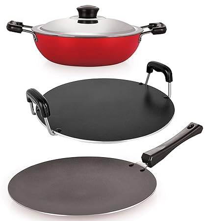Nirlon Non-Stick Aluminium Cookware Set, 3-Pieces, Black (2.6mm_CT_DKDB_RT)