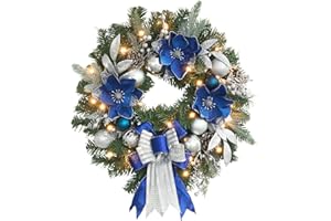 VOFULY Pre-Lit Christmas Wreath for Front Door with Timer 25 Lights,Blue Silver Lighted Christmas Door Wreath for Fireplace Table Centerpiece in/Outdoor Holiday Decoration,Magnolia Winter Decor-20inch