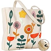 Miss Adola Embroidery Canvas Tote Bag for Women - Reusable Totes with Pocket & Buckle Aesthetic Cute Grocery Shoulder Bag