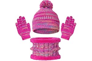 DOUBLE COUPLE Kids Winter Beanie Hat Scarf Gloves Set for 3-8 Years Old Boys Girls, Thick Warm Knitted Hat Gloves Fleece Lined Scarf Set