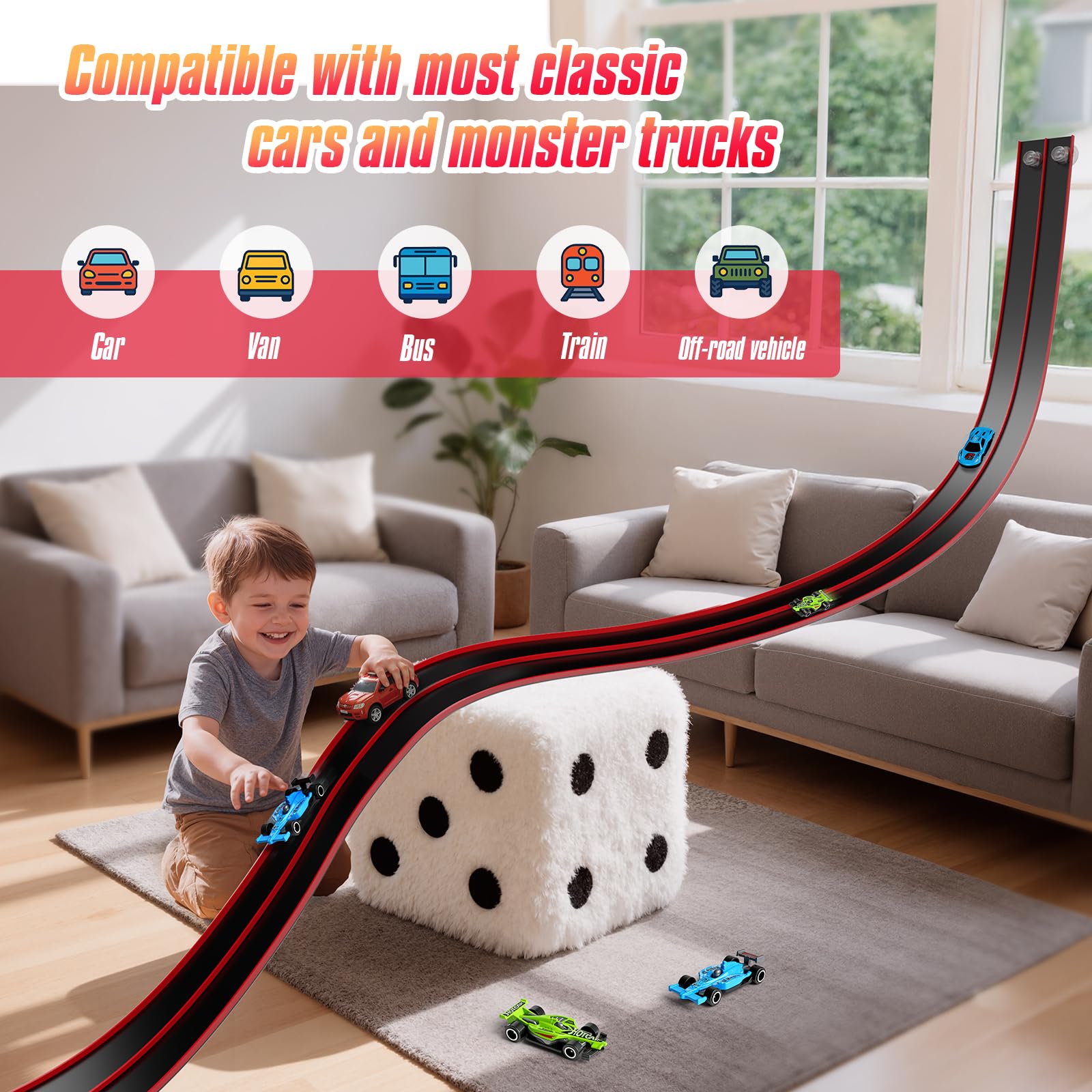 Flex Track 15 Ft Portable Flexible Race Car Track with Strong Suction Cups – Compatible with Hot Wheels & 1/64 Diecast Cars–Easy Storage, Indoor & Outdoor Play Flexible Car Tracks for Kids（Blue）