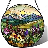 QZQCBLC Stained Glass Window Hanging Purple Wildflowers Pastoral Scenery 7.8" - Suncatcher Door Garden Sun Catcher Home Decor Birthday Christmas for Mom Men Woman Friend