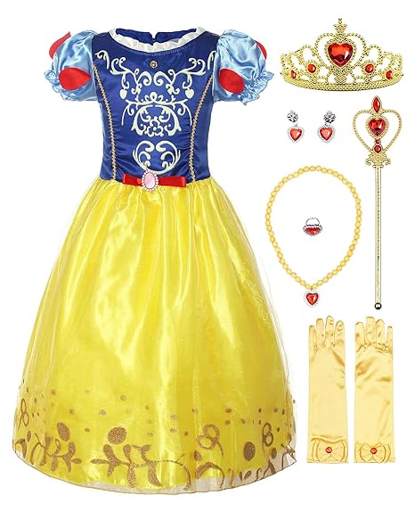 ReliBeauty Mädchen Kurzarm Prinzessin Kleid Schneewittchen Retro Muster Puffärmel Falten Kostüme