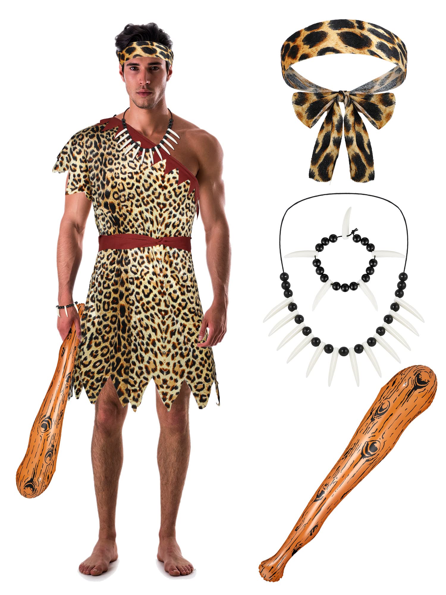 Photo 1 of Newcotte 5 Pcs Halloween Caveman Costume Adult Jungle Costume Caveman Tunic Kit Include Inflatable Cave Bat Jungle Fake Tooth Necklace Bracelet for Halloween Cosplay Decoration