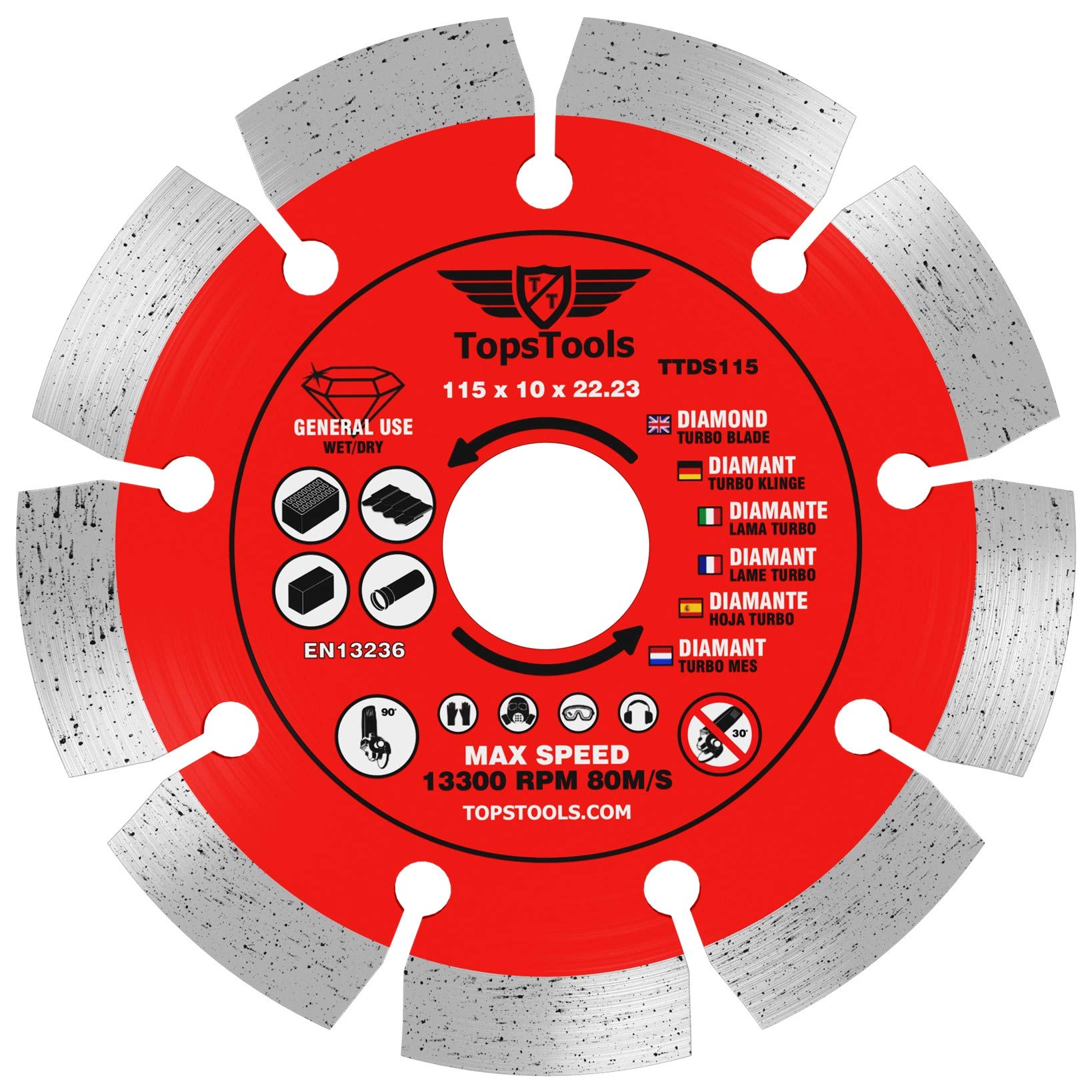 1 x TopsTools TTDS115 115mm (4.5 inch) x 10mm x 22.23mm Bore Segmented Diamond Angle Grinder Circular Saw Blade