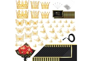 GGSTDDUP 173 PCS Flower Bouquet Accessories, 15 Flower Wrapping Paper with 100 PCS Flower Pins 36 3D Butterfly Decor 15 Gift Cards 6 Crowns and 1 Ribbons for Birthday Wedding Baby Shower Graduation