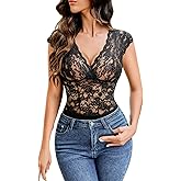 Avidlove Lace Bodysuits for Women Sexy V Neck Sheer Bodysuit Tops Snap Crotch One Piece Teddy