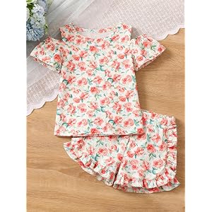 Girls 2 Piece Outfits, Cold Shoulder Floral Butterfly Print Top + Ruffle Shorts Set, Clothes for Kids Girls 2-12 Years