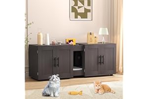 GAOMON Cat Litter Box Enclosure Furniture for 2 Cats, 55" Large Hiddden Cat Litter Box Enclosure Furniture 3-IN-1 Wooden Cat Litter Cabinet with Barn Door & Double Rooms for Bedroom Living Room, Walnut