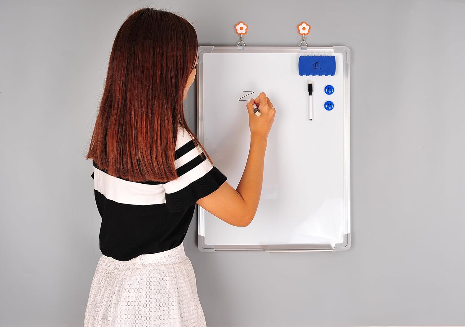 Whiteboard Set - Dry Erase Board 18 x 24" + 1 Magnetic Dry Eraser, 2 Dry-Erase Black Marker Pens and 2 Magnets - Small White Hanging Message Scoreboard for Home Office School (24x18" Portrait) : Office Products