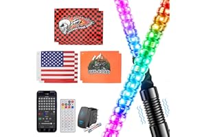 Ehaho 2PCS 4FT Whip Lights for UTV ATV with Spring Base, Tripled Brighter Led Whip Light W/Rocker Switch & 6 Flags, Spiral Chasing Lighted Antenna Whip with APP & Remote Control for RZR SXS Can-Am