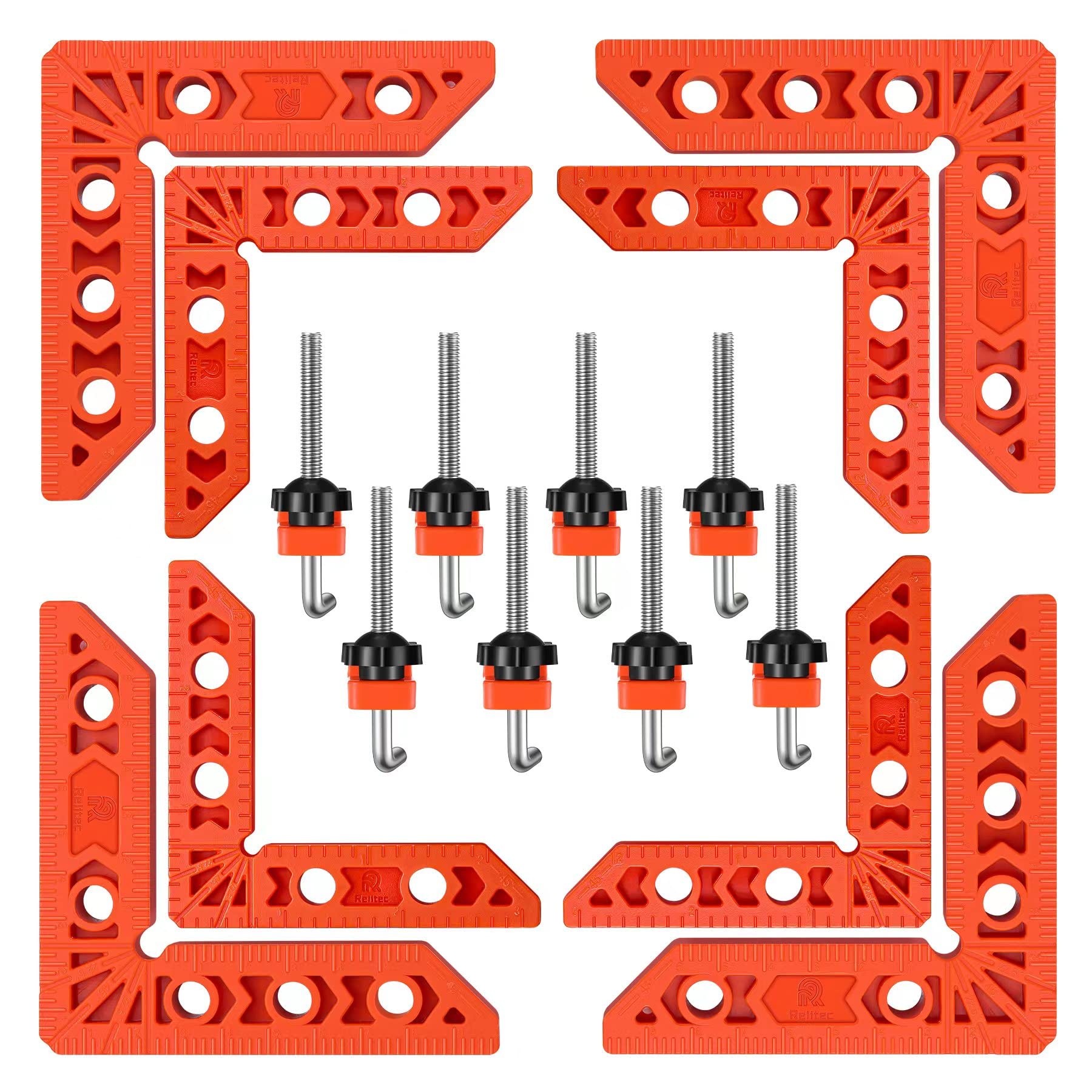 Relitec R 90 Degree Positioning Squares, Corner Clamp, Clamping Square Right Angle Clamp Woodworking Tool, ABS Plastic, Orange, Set of 8（3" 4"）