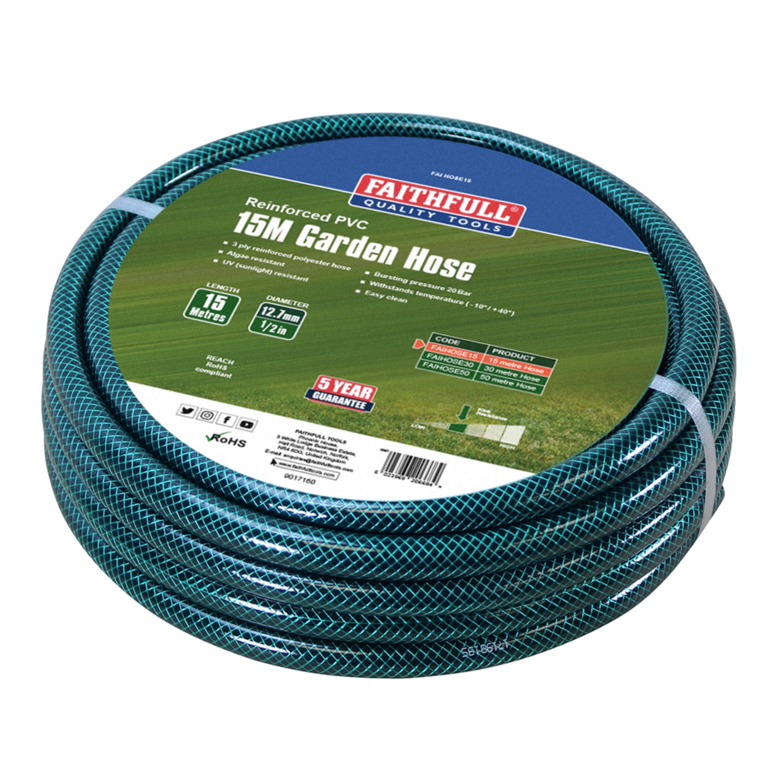 Faithfull 15M (49ft) Reinforced Hose 12.7mm (1/2 Inch) Diameter – PVC Garden Hose Pipe