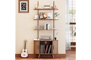 WOEMTORIC Tall Vinyl Record Player Stand, 4 Tier Arched Bookshelf with Sliding Doors, Retro Small Record Storage Cabinet, Fluted Media Display Shelf, Mid Century Modern Turntable Stand for Living Room, Walnut