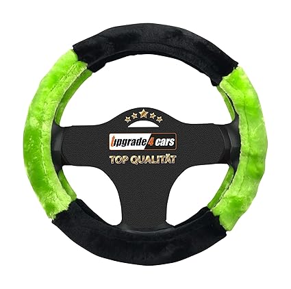 Upgrade4cars Auto-Lenkradbezug Plüsch Grün Schwarz | Lenkradhülle aus Lamm-Fell Imitat in Universal Größe | 37-39 cm | Auto I