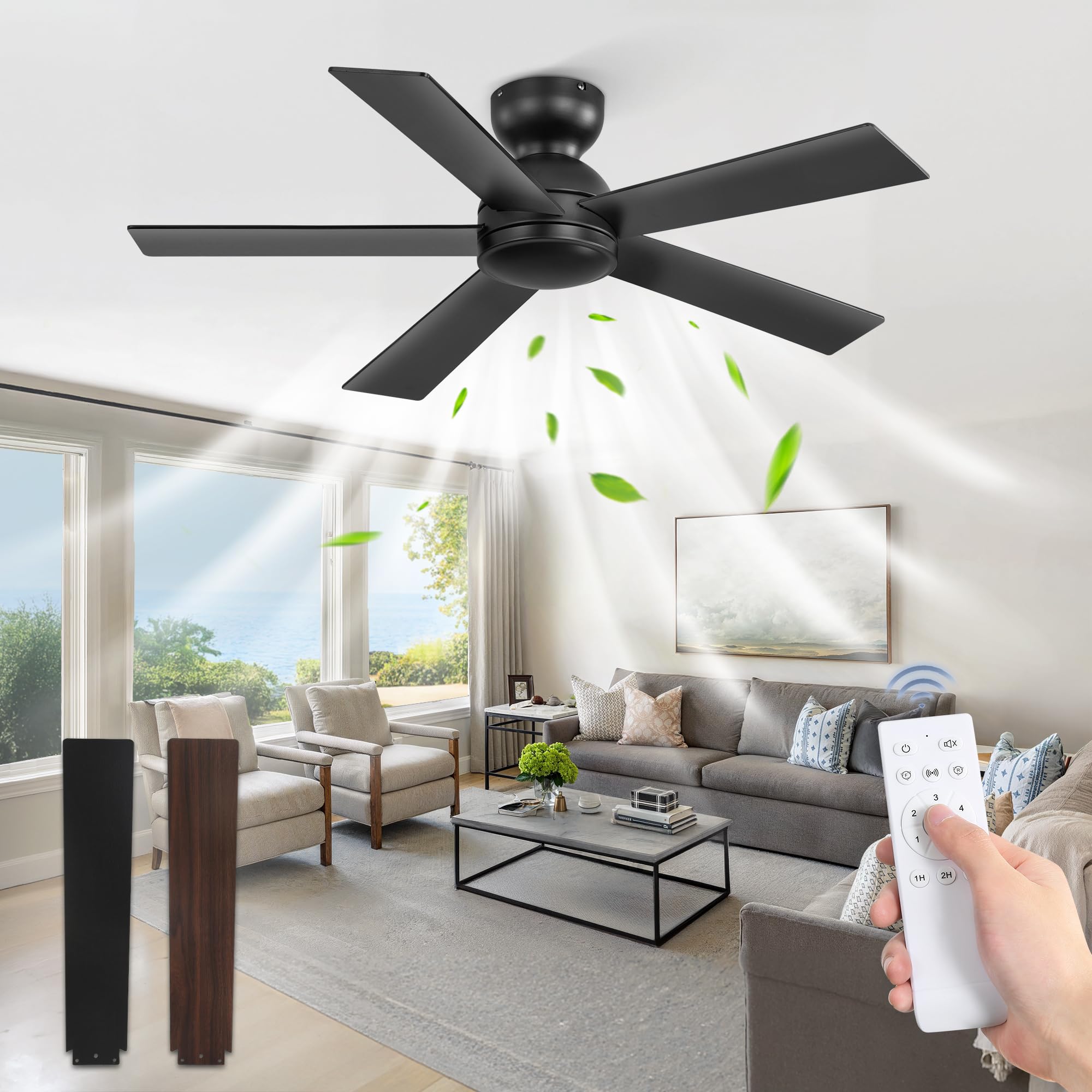 Photo 1 of 42 Inch Flush Mount Ceiling Fans without Lights, Small Black Ceiling Fan with Remote, 6-Speeds, Quiet Reversible DC Motor, Indoor/Outdoor Ceiling Fan for Patio, Living Room, Bedroom