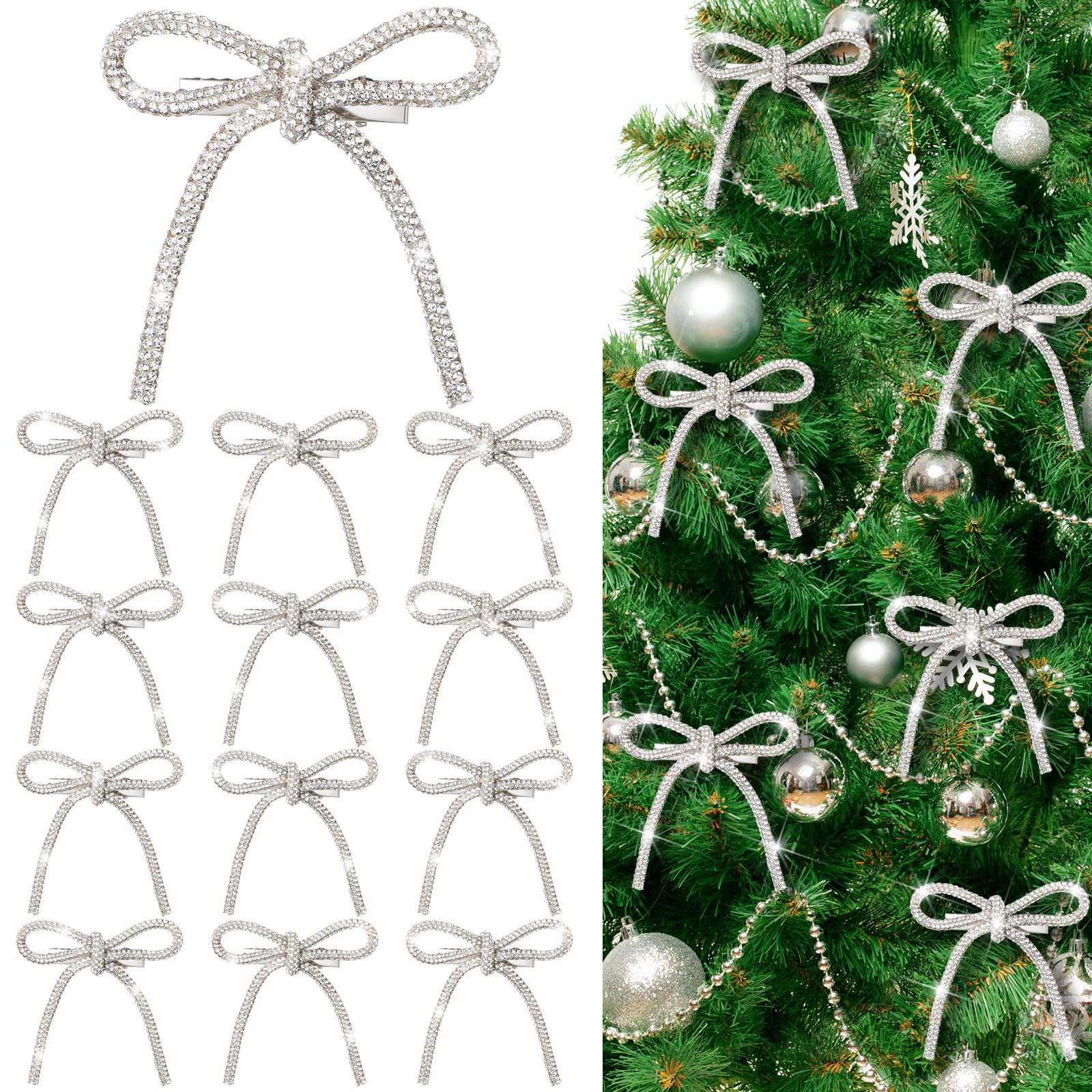Photo 1 of 12 Pcs 3.2''x2.8'' Silver Glitter Christmas Bows Ornaments with Clip Metal Shiny Christmas Tree Decorations Bows for Wreath Garland Xmas Party Decorations Wedding Baby Shower Home Indoor Outdoor