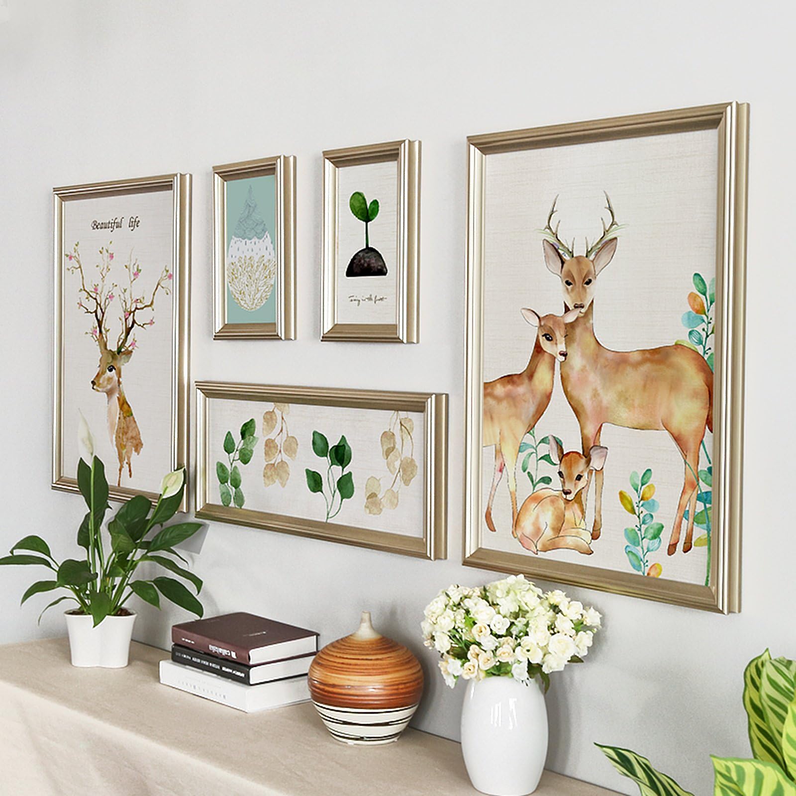 WollWoll Beautiful Deer Wall Painting Nature Creative Synthetic Wood Photo Frame (185 cm x 1.6 cm x 68 cm, Gold, Set of 5)