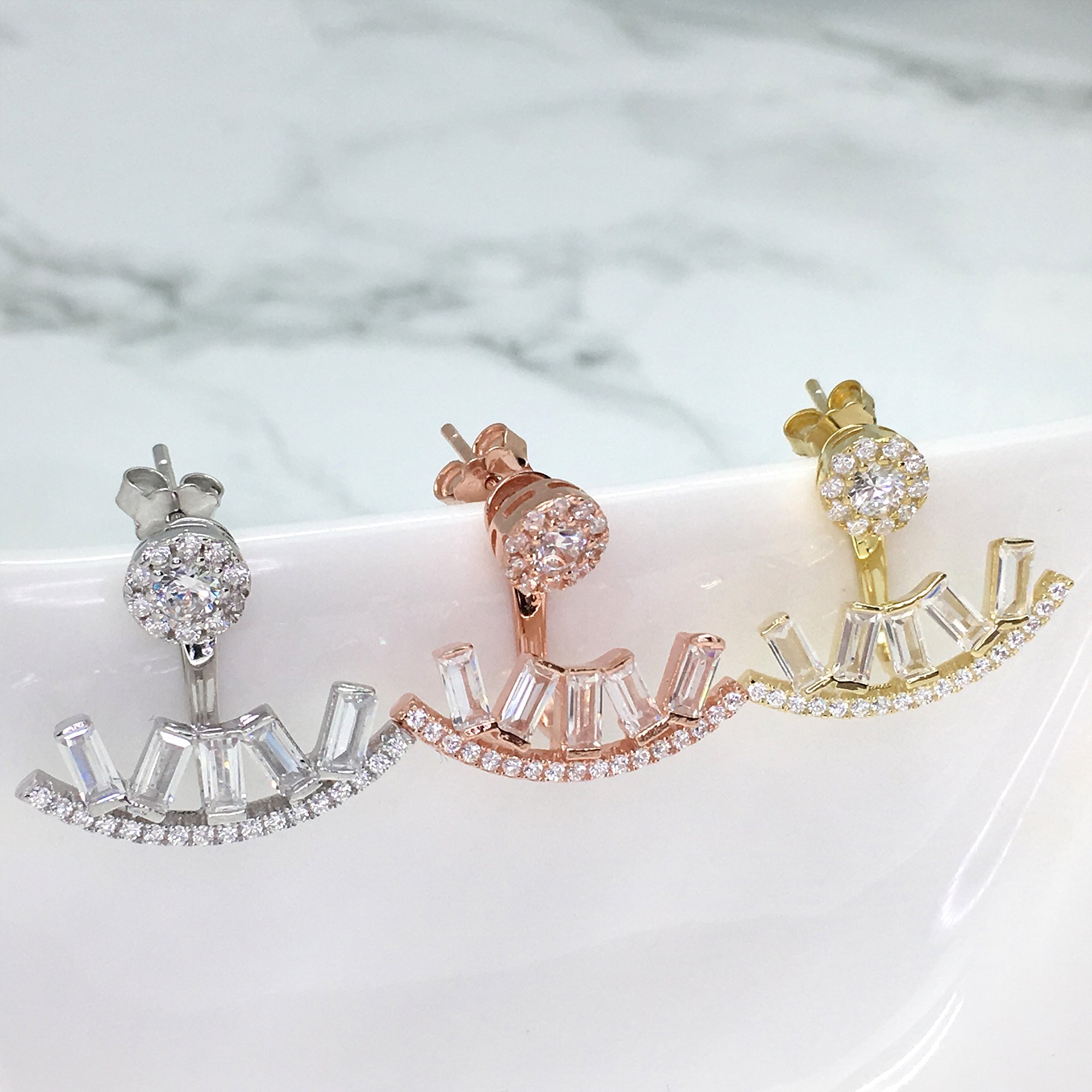 Spoil Cupid Yellow Gold-Plated Sterling Silver Cubic Zirconia Halo with Baguette Front Back Stud Earrings