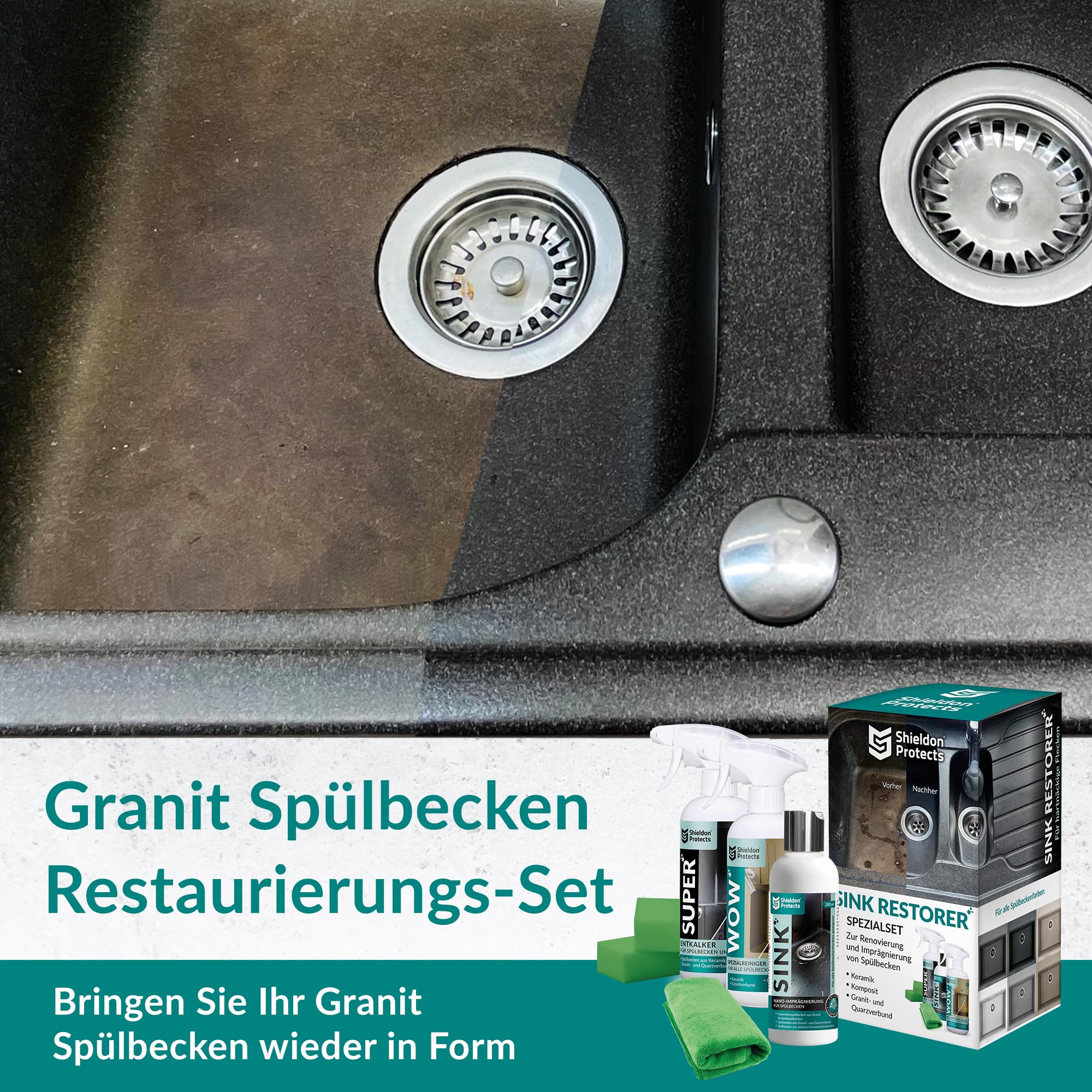 Shieldon Protects Sink Restorer Spüle Imprägnierung und Reinigung Set - Drei Reiniger für Küche Spüle + 2x Schwamm und Mikrofasertuch - Granit, Blanco, Silgranit Reiniger für Granitspüle 2