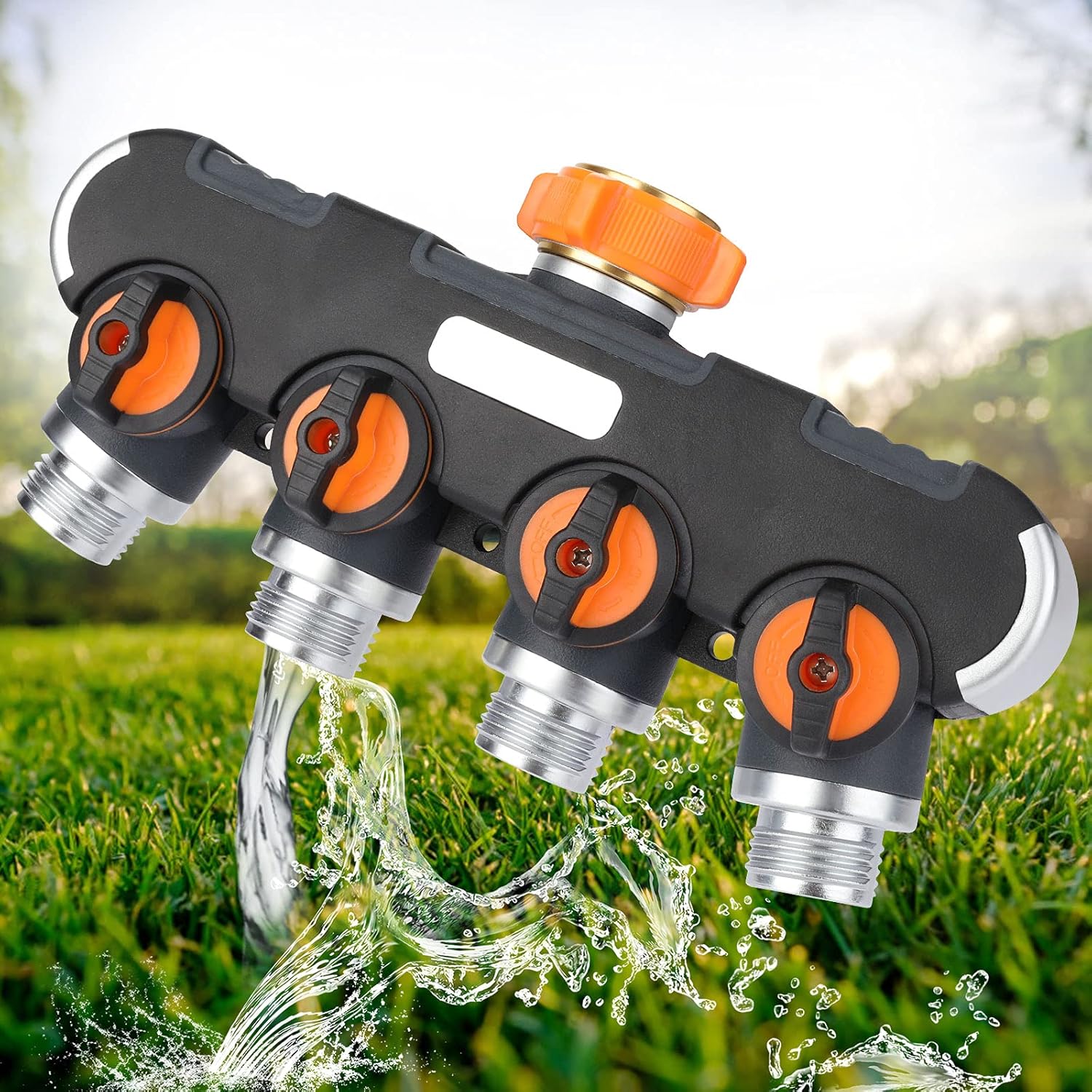 XDDIAS 4 Way Garden Hose Splitter with 4 Valves, 3/4 Inch Heavy Duty Hose Water Manifold Connector for Outdoor Faucet Adapter