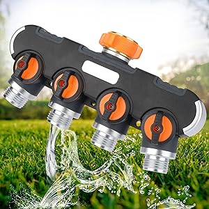 XDDIAS 4 Way Garden Hose Splitter with 4 Valves, 3/4 Inch Heavy Duty Hose Water Manifold Connector for Outdoor Faucet Adapter