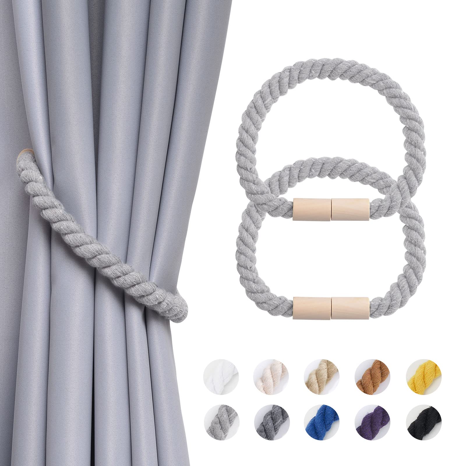Pretty Jolly 2 Pack Wooden Magnetic Curtain Tiebacks Boho Home Decoration Drape Tie Backs Natural Cotton Handmade Rope Curtain Holdbacks for Thin or Thick Home & Office Window Drapery (Light Grey)