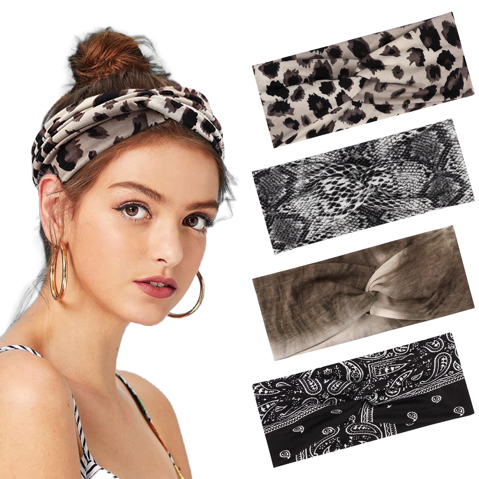 DRESHOW 4 Pack Women Headbands Boho Criss Cross Head Wrap Elastic Hair Bands Accessories