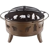 Pure Garden 50-LG1202 32&rdquo; Outdoor Deep Fire Pit-Round Large Steel Bowl with Bear Cutouts, Mesh Spark Screen, Log Poker &amp; Storage Cover-Patio Wood Burning, Antique Gold