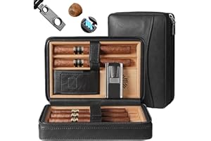 PUFFALAND Cigar Humidor, Cigar Case Including Cigar Accessories with Cigar Lighter Cigar Holder and Cigar Punch, Black Travel Humidor Cedar Wood Leather Cigar Box