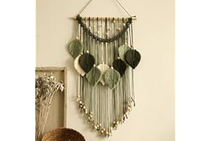 Ni-JASW Green Macrame Wall Hanging Decor, Boho Woven Leaf Feather Tapestries with Beads Tassels 15.7"x 37.8"
