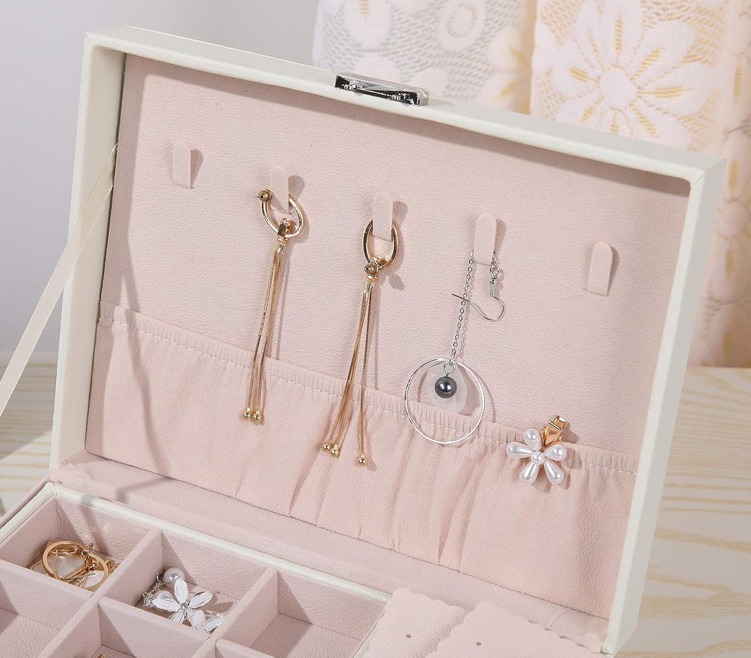 misaya Small Jewelry Organizer Box, Two Layer PU leather Jewelry Storage Box for Women with Removable Tray for Earring Ring Necklace Bracelet, Off White: Home & Kitchen