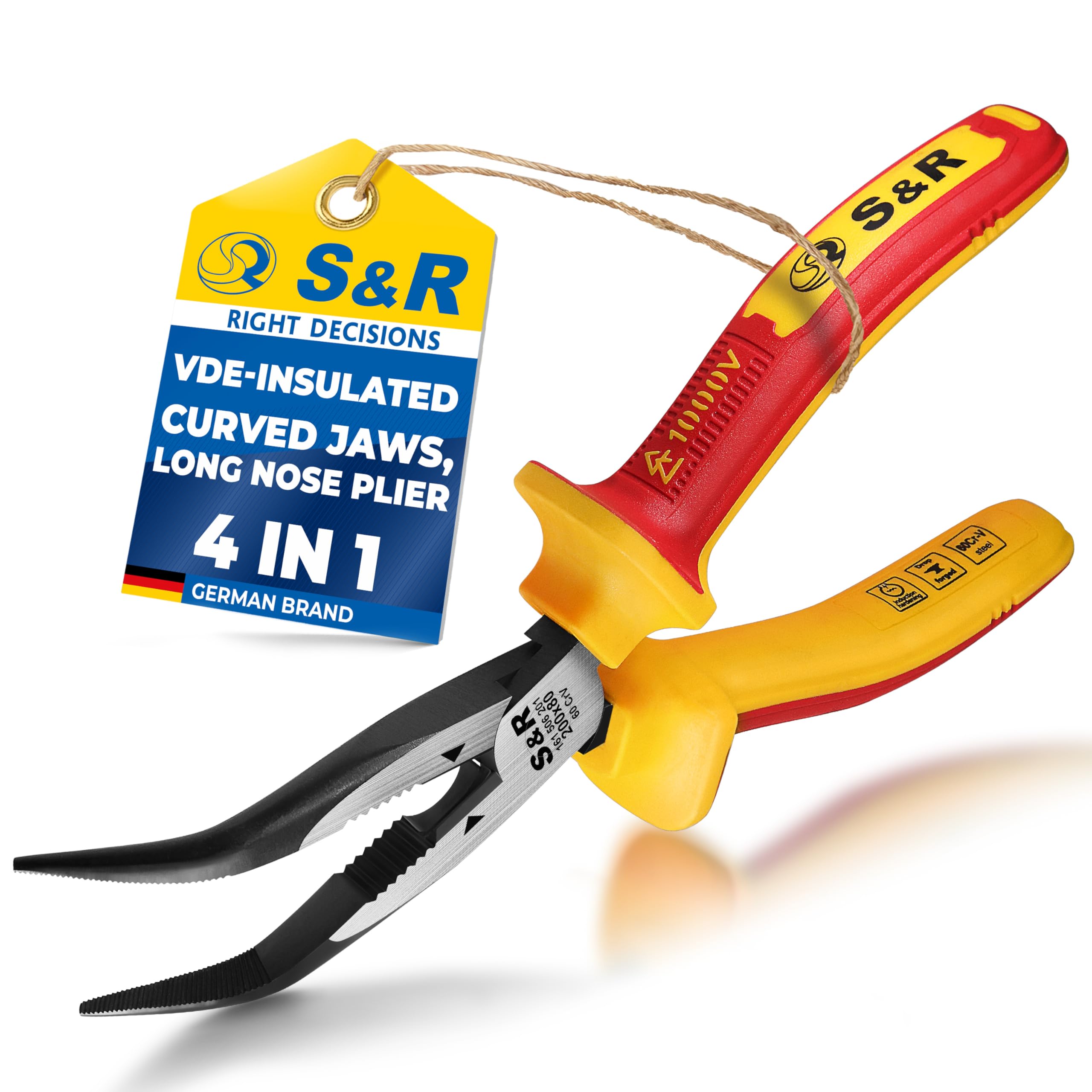 S&R VDE Bent Nose Pliers, 200 mm, Curved Jaws, Long Nose Pliers, Heat and Induction Hardened for Professional use, Hardness HRC 66, 2-Component Handles with Slip Protection, Stork Beak