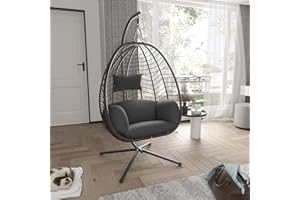 DELNAVIK Egg Chair with Stand Hammock Chairs Wicker Rattan Patio Hanging Egg Chair, Indoor Outdoor Swing Egg Chairs with Cushion Headrest for Patio Bedroom Porch Garden, Gray