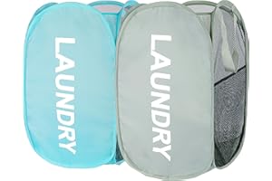 BENJUN 2 Pack Mesh Laundry hamper,collapsible Laundry basket,Easy to Open and Fold for room storage,and Side Pockets Carry Handles for Kids Room,College Students Dorm or Travel (Light brown+Baby blue)