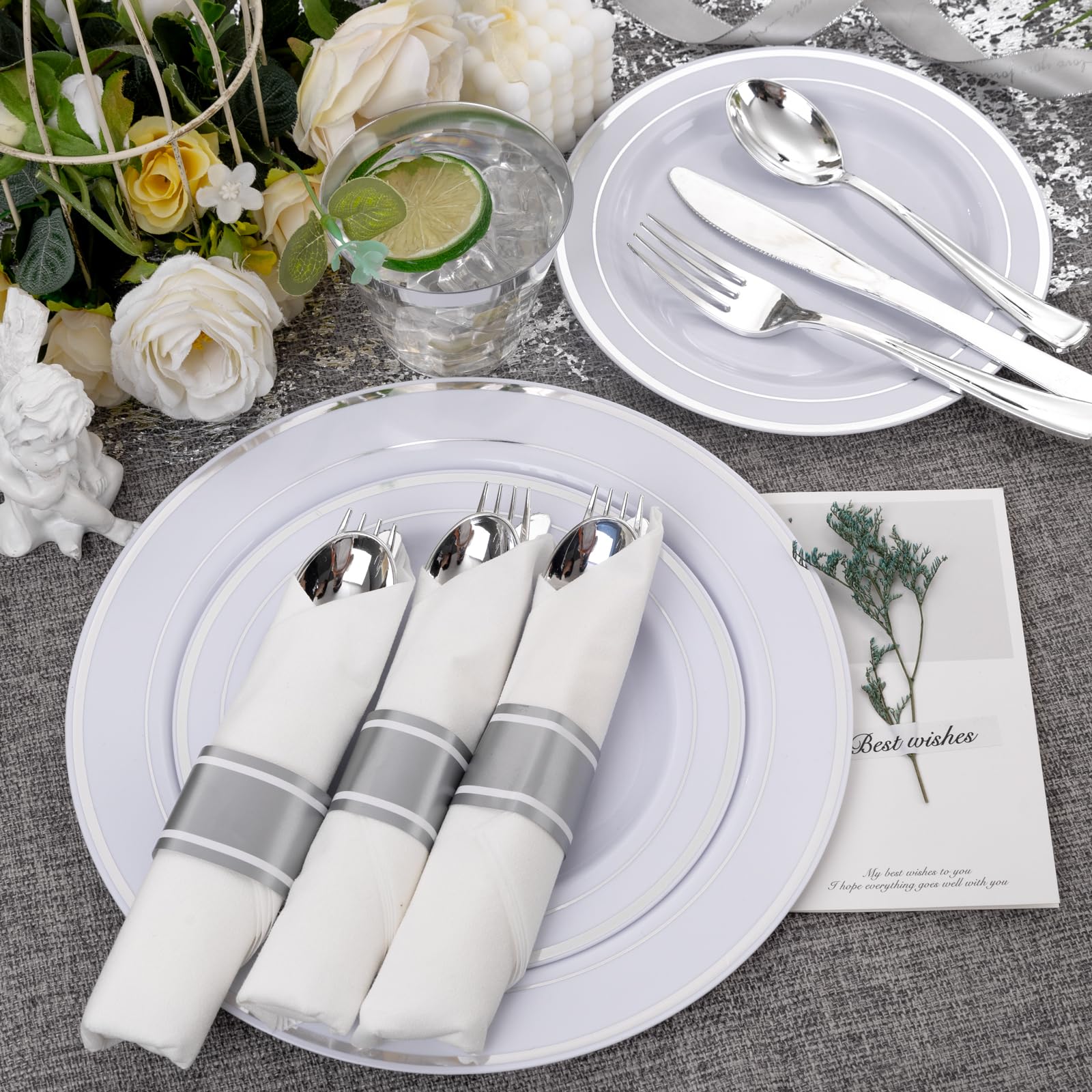 WELLIFE 350-Piece Silver Plastic Dinnerware Set - Disposable 10.25
