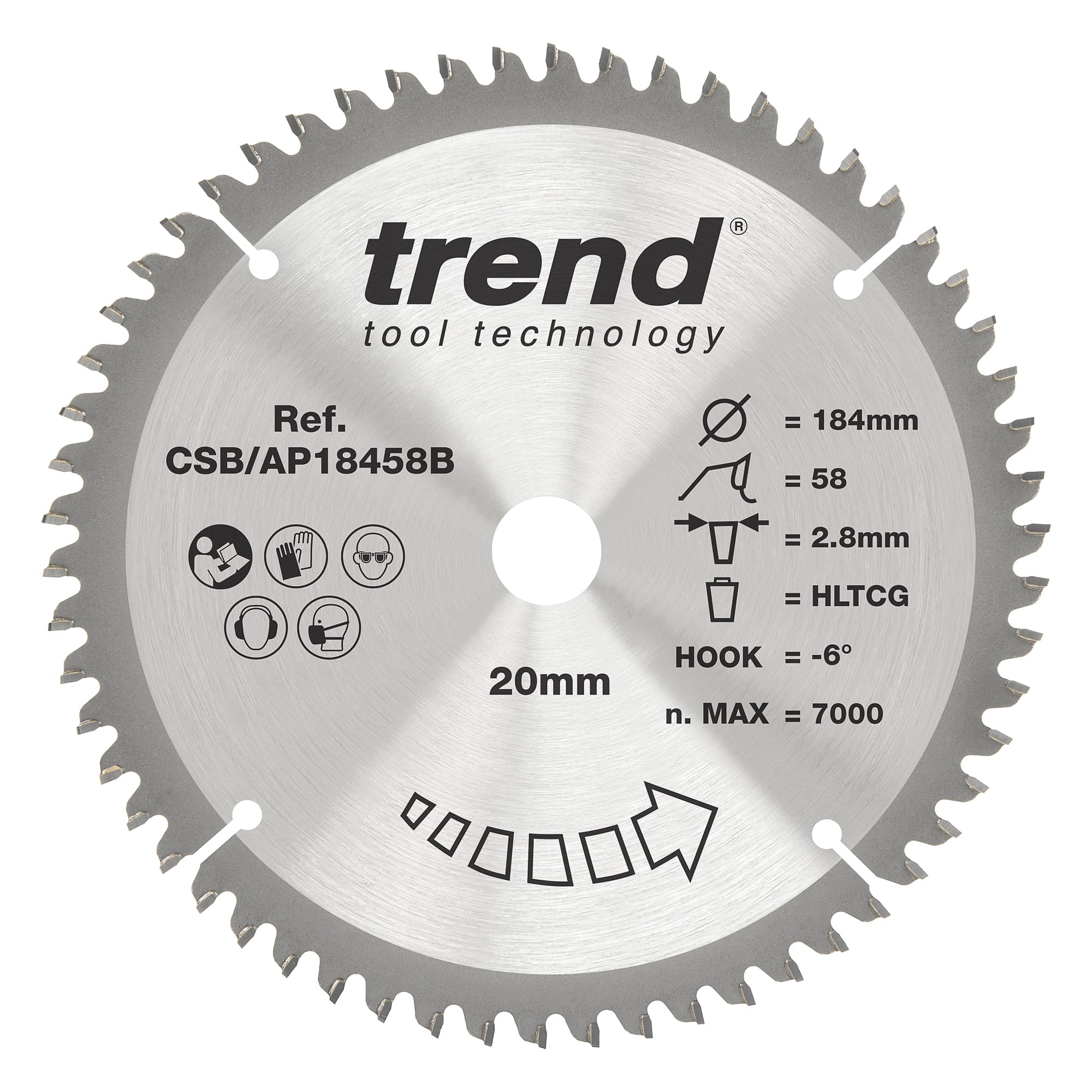 Trend Aluminium & Plastic Circular Saw Blade, 184mm Diameter, 16mm Bore, 58 Teeth, 2.8mm Kerf, -6° Hook, TCT, Extra-Fine Finish, CSB/AP18458