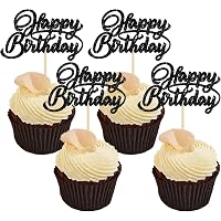36 Stück Happy Birthday Cupcake Toppers – Schwarzer Glitzer, Handgefertigt, Für Geburtstagsfeiern & Kuchendekoration