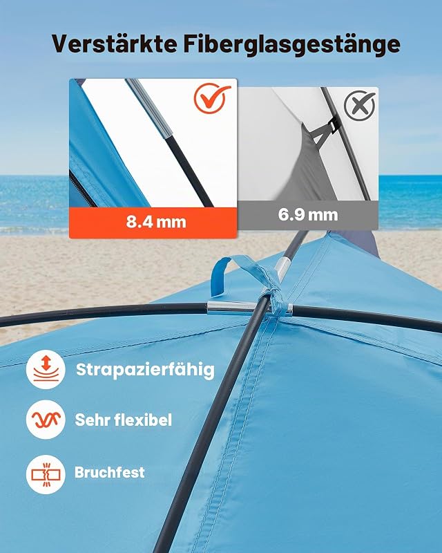 Strandmuschel Sonnenschutz für 3 Personen, UPF 50+ Schutz, Tragbares Strandzelt mit Tragetasche & Bodenverankerungen, Leichter Strandsonnenschirm für Camping Angeln Picknick, Sonnenzelt