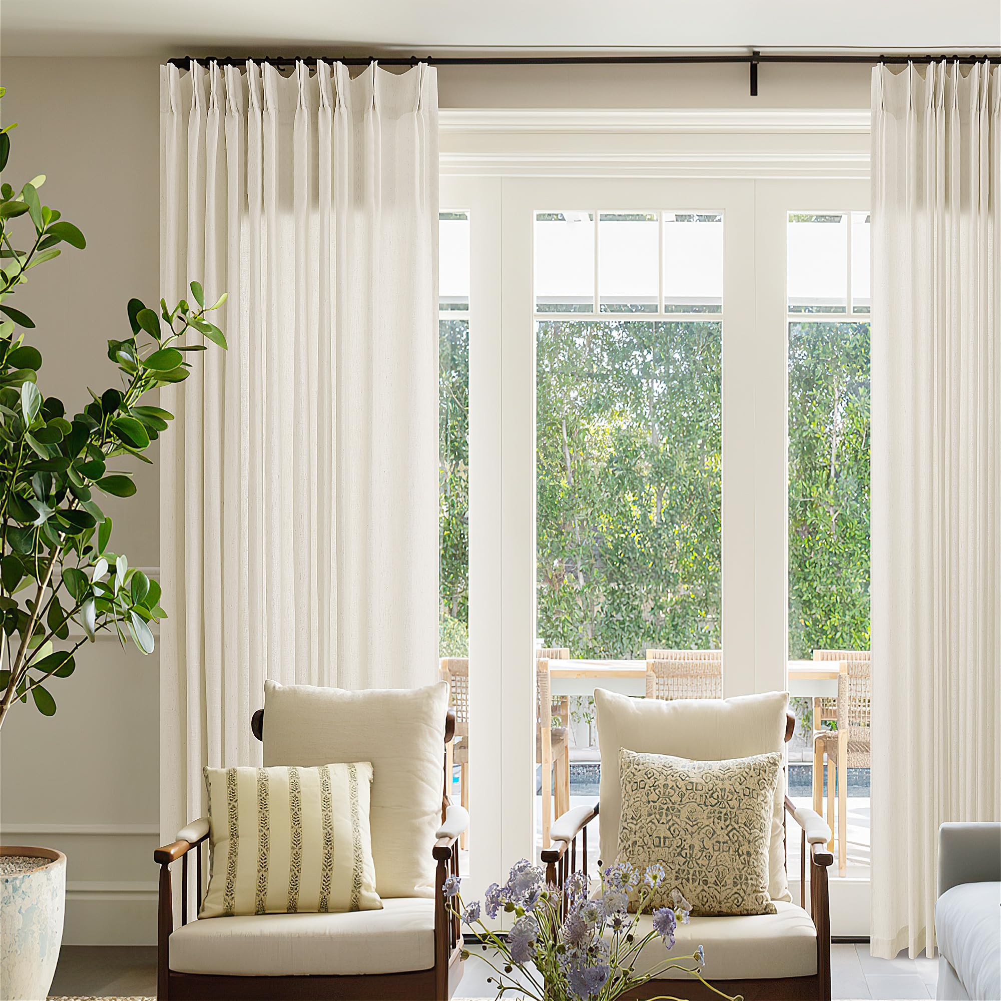 Photo 1 of Pinch Pleat 120 Inch Linen Curtains for High Living Room 72 Inch Width Light Filtering Semi Sheer Sand Beige Memory Trained Pleated Boho Neutral Extra Wide 72 x 120 Curtain Panel for Patio 10FT