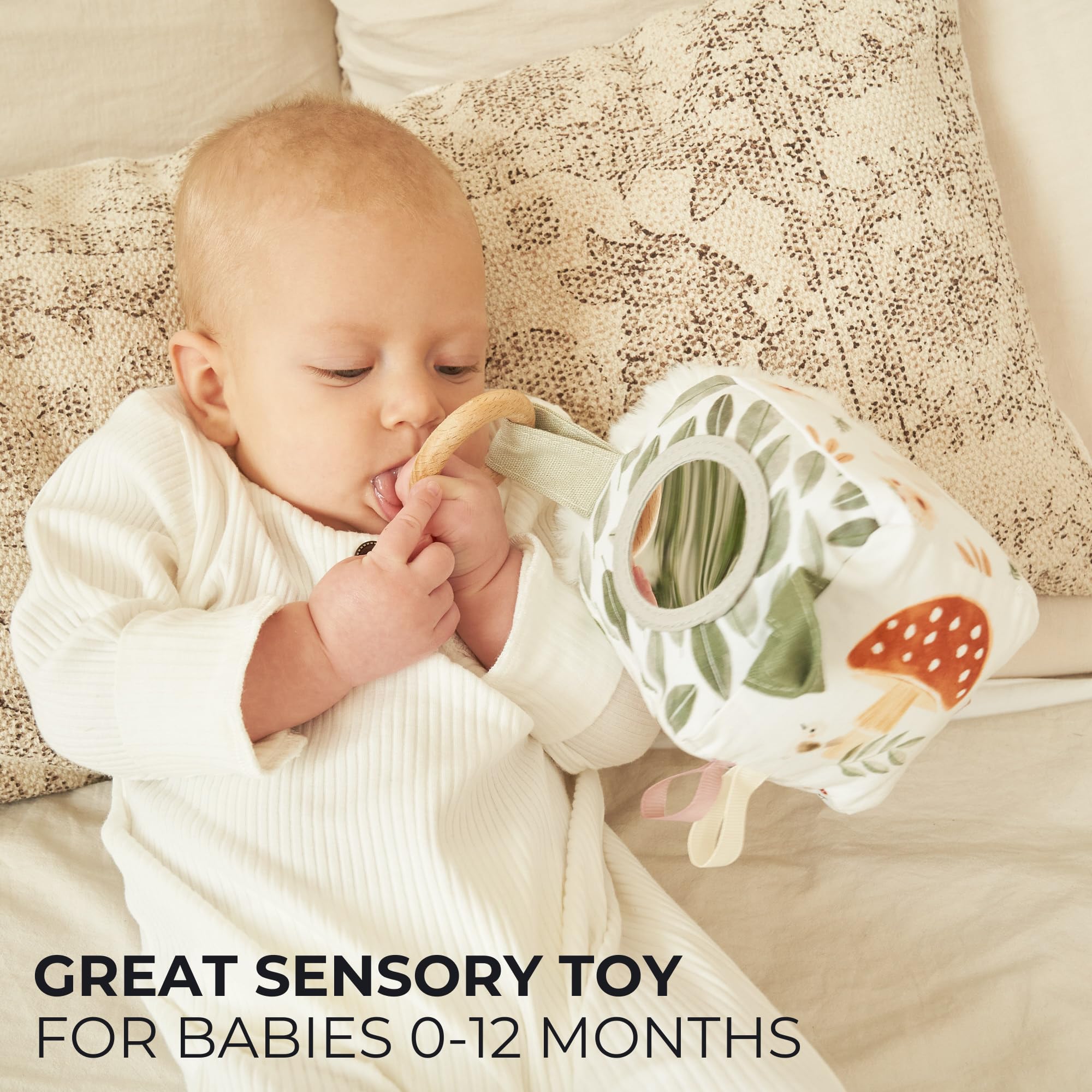 ZICOTO Soft Toy Block with Wooden Ring for Babies 0-3 and 0-6 Months - The Perfect High Contrast Activity Cube & Teething Toy with Tummy Time Mirror for Newborns - A Fun Sensory & Development Gift