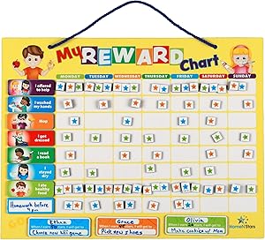 HomeN’Stars Chore Chart for Kids- Behavior Chart for Kids at Home- Reward Chart for Kids- 60 Chore Tags, Multiple Kids, Sturdy Magnet or Hang on Wall