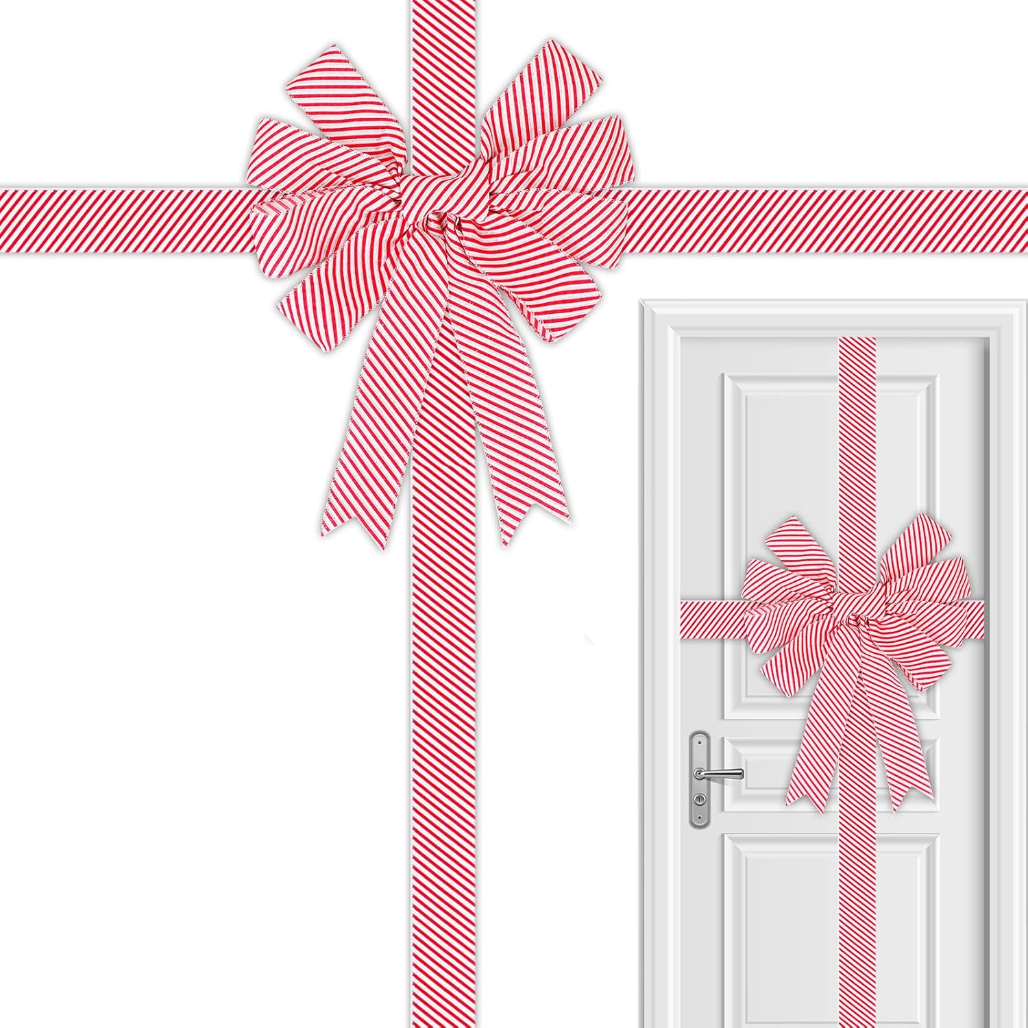 Bows & Ribbons - gisgfim Red Christmas Cabinet Door Ribbon White Red Candy Bow Gate Festive Supplies Christmas Wired Ribbons Bow Holiday Decorations Merry Christmas Front Door Party Supplies 1pcs