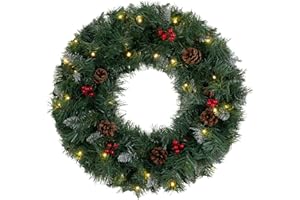 MEETYAMOR Christmas Wreath for Front Door, 24 Inch Large Flocked Pine Wreaths for Home Outdoor Indoor, Battery Operated Prelit Christmas Door Decorations Winter Ornaments with Timer Led Lights