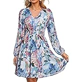 Simplee Womens Floral Mini Dress Long Sleeve Casual V Neck Chiffon Modest Boho Flowy Fall Wedding Guest Dresses