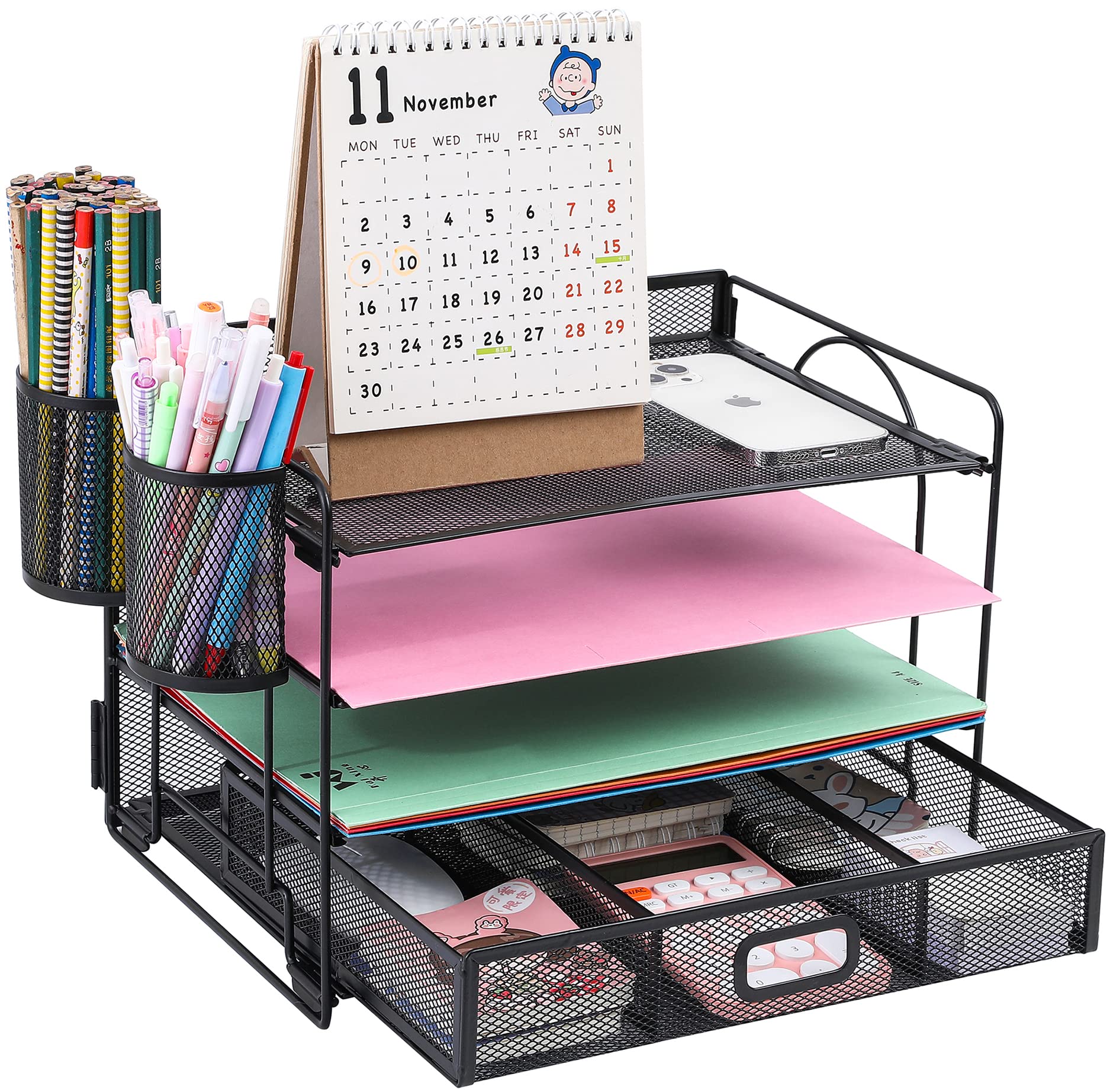 Vikmyer 4-Trays Desktop File Organizer, Mesh Office Desk Supplies Organizer Document Letter Tray Holder with Drawer for Office Home(2 Pen Holder) Black