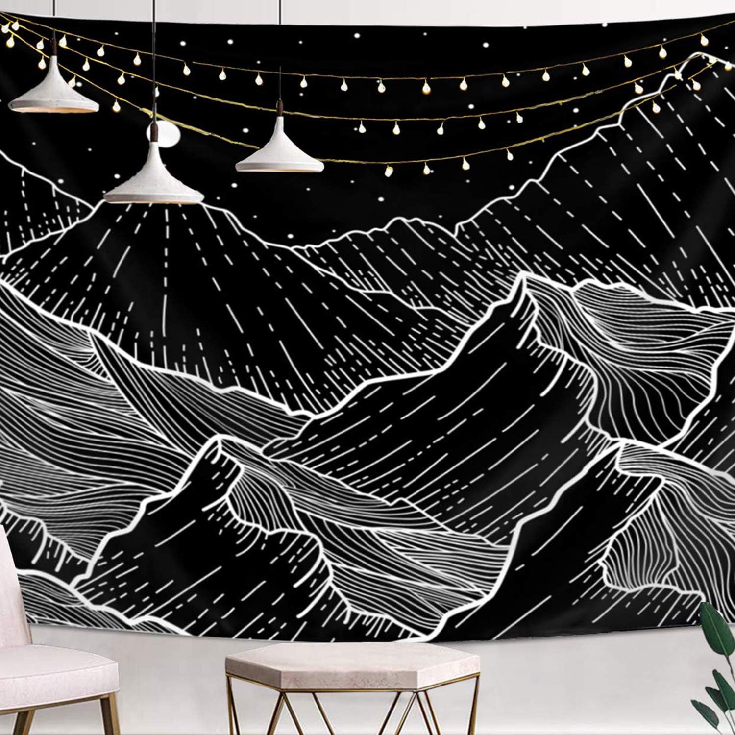 Simpkeely Mountain Forest Wall Tapestry, Black and White Moon Starry Sky Mandala Bohemian Wall Hanging, Nature Landscape Wall Art Home Décor for Dorm, Bedroom, Living Room – 59.1" x 80"
