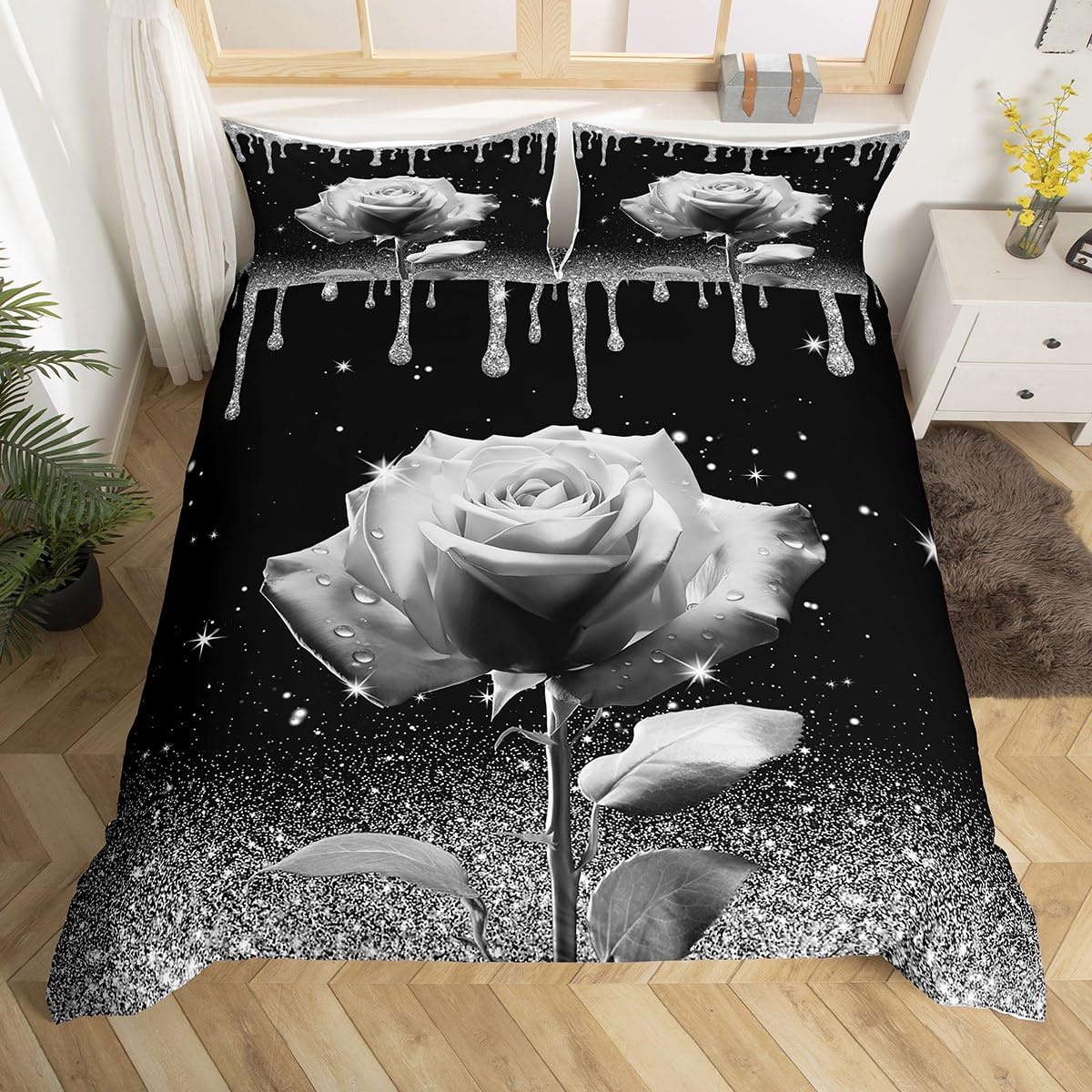 3D Grey Rose Duvet Cover Set Double Size, Silver Glitter Print(No Glitter) Bedding Set 3pcs for Kids Boys Girls Room Decor, Grey Flower Comforter Cover Soft Polyester Quilt Cover with 2 Pillowcases